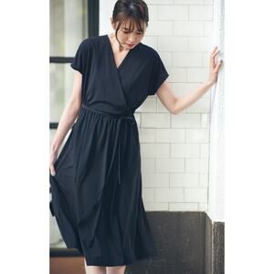 Uniqlo (XL) Black Faux Wrap Tie Waist A-Line Midi Dress Minimalist Cottage Boho